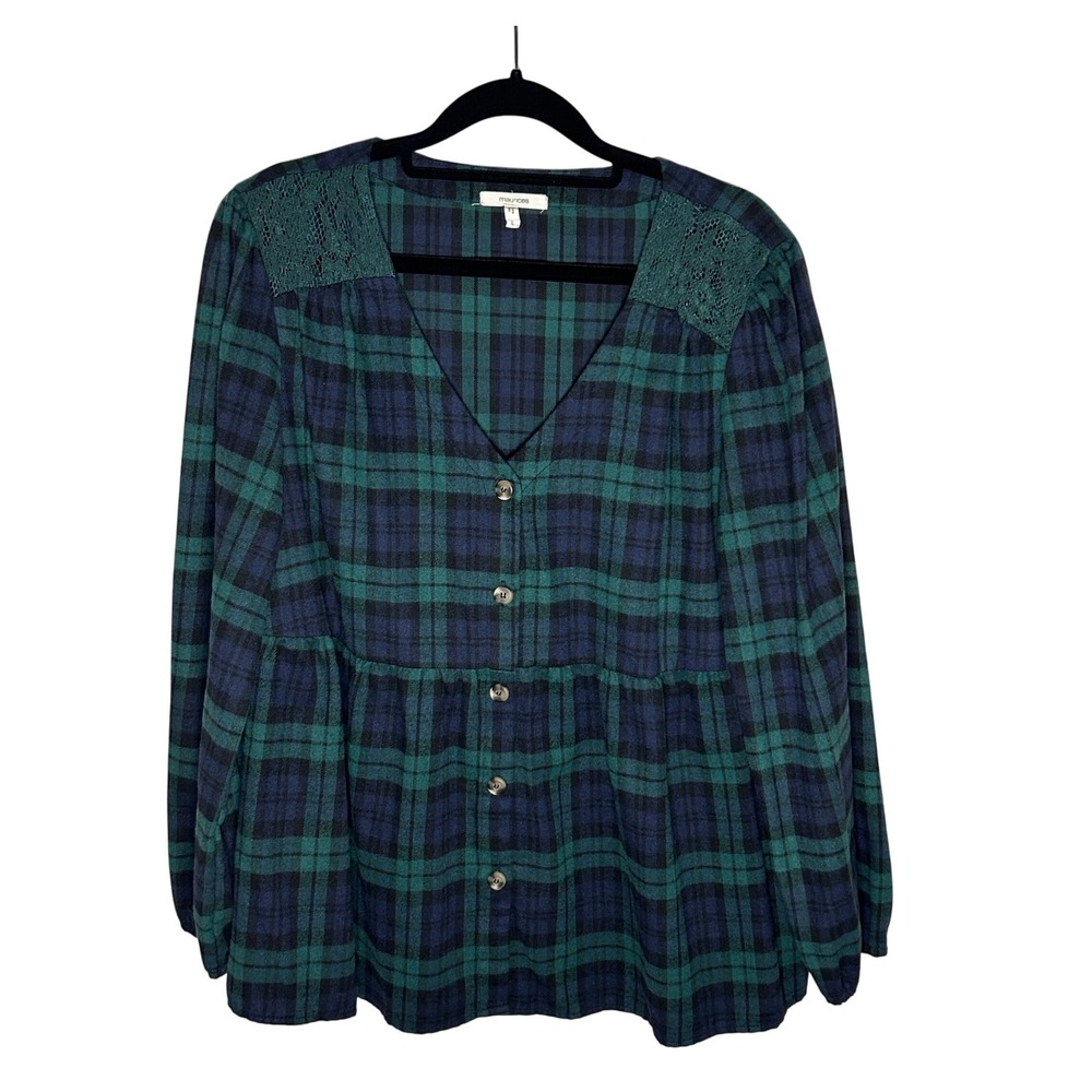 Maurices Green Navy Plaid Lace Shoulder Babydoll Button Front Top Womens Large